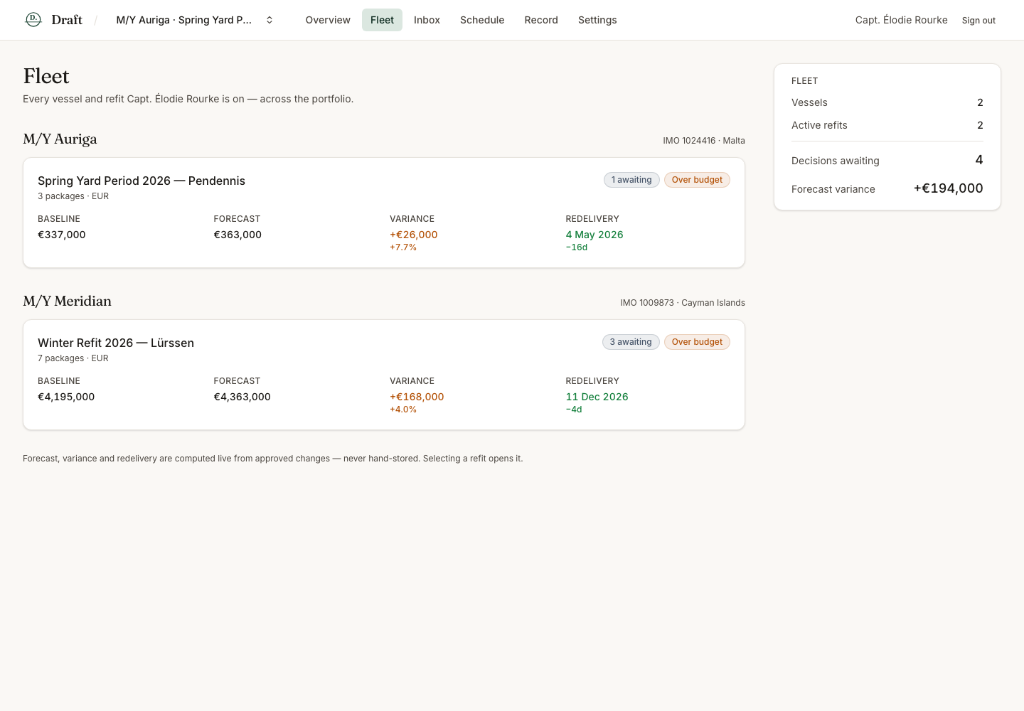Draft fleet: a portfolio of vessels and yard periods with live cost and schedule metrics