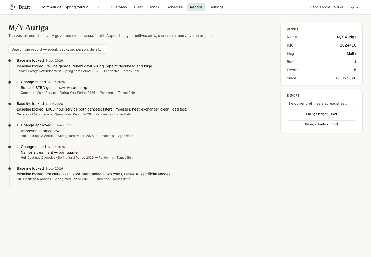 Draft record: a searchable, append-only timeline of changes and decisions for the vessel